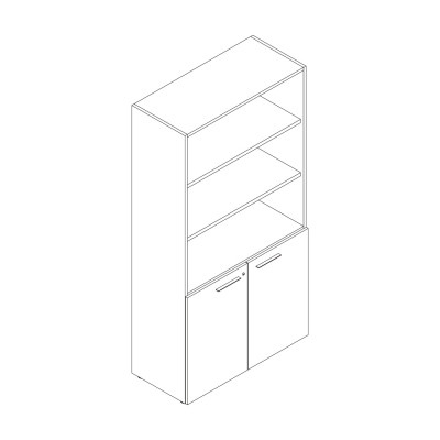 Bookshelf with hinged doors in the lower part and open in the upper part, structure in white melamine and doors in oak. Sizes: mm 1000Lx460Dx1950H.