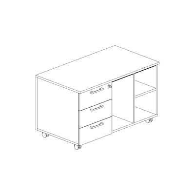 Service unit on wheels in melamine, with 3 left side drawers walnut colour. Sizes: 1020Lx570Dx620H mm.