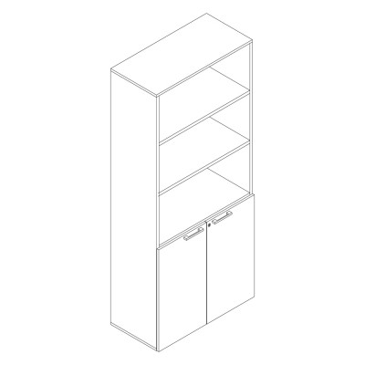 Melamine bookcase with hinged doors in the lower part and open in the upper part. Sizes: 900Lx450Dx2100H mm.