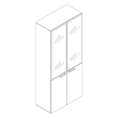 Melamine bookcase with hinged doors in the lower part and in glass in the upper part white colour. Sizes: 900Lx450Dx2100H mm.