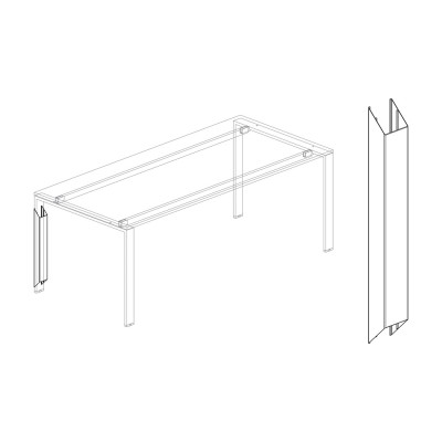 Vertical cable casing for desks with U legs. In white painted metal.
