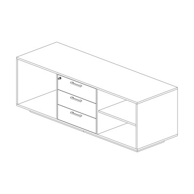 Service unit with plinth, with open compartment, 3 central drawers, open compartment with right side top eucalyptus colour. Sizes: mm 1690Lx600Dx620H.