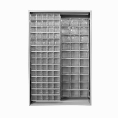 Armadio con 2 pannelli fissi, 1 scorrevole e 34 cassettiere. Mm 1270x400x1950h