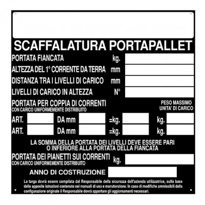 Targa per scaffalatura portapallet